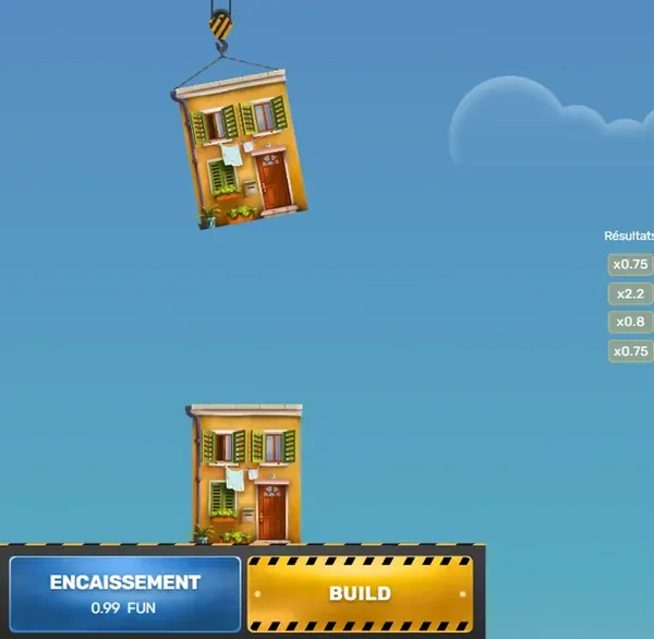 Colonne Résultats de Tower Rush : x0,75, x2,2, x0,8 et x0,75 ; ENCAISSEMENT affiche 0,99 FUN pour une mise de 1