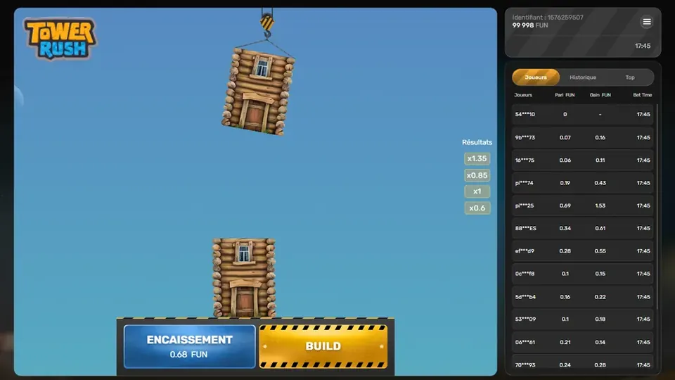 Écran de Tower Rush sur ordinateur : deux étages en bois, ENCAISSEMENT à 0,68 FUN, colonne Résultats x1,35, x0,85, x1 et x0,6, onglets Joueurs, Historique et Top