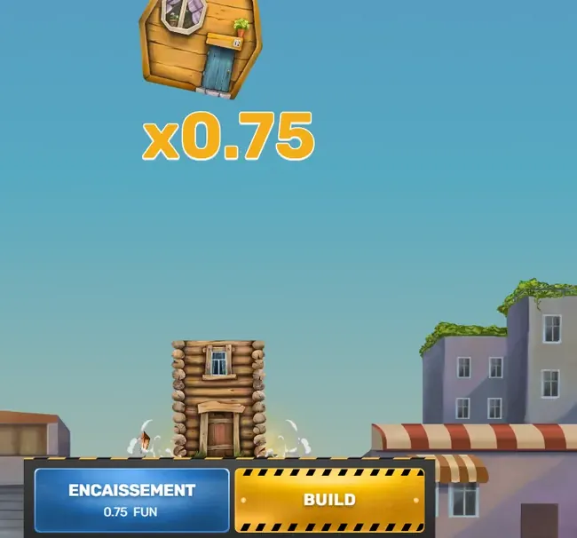 Premier étage de Tower Rush posé sur la boutique : la cote affichée est x0,75 et ENCAISSEMENT vaut 0,75 FUN