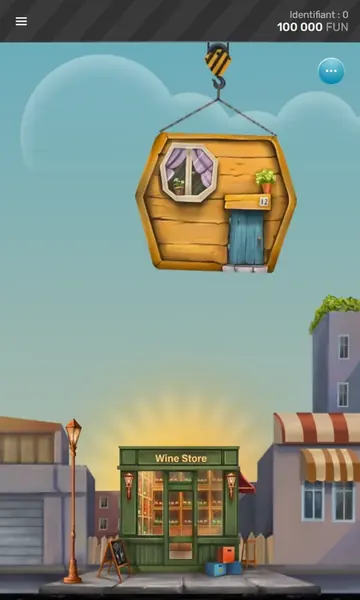 Tower Rush en portrait sur téléphone : la grue tient un étage au-dessus de la boutique, solde de 100 000 FUN en haut de l’écran